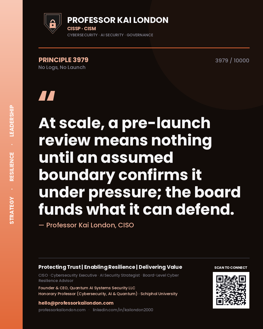 Quote card by Professor Kai London reading 'At scale, a pre-launch review means nothing until an assumed boundary confirms it under pressure; the board funds what it can defend.'. From the book No Logs, No Launch.