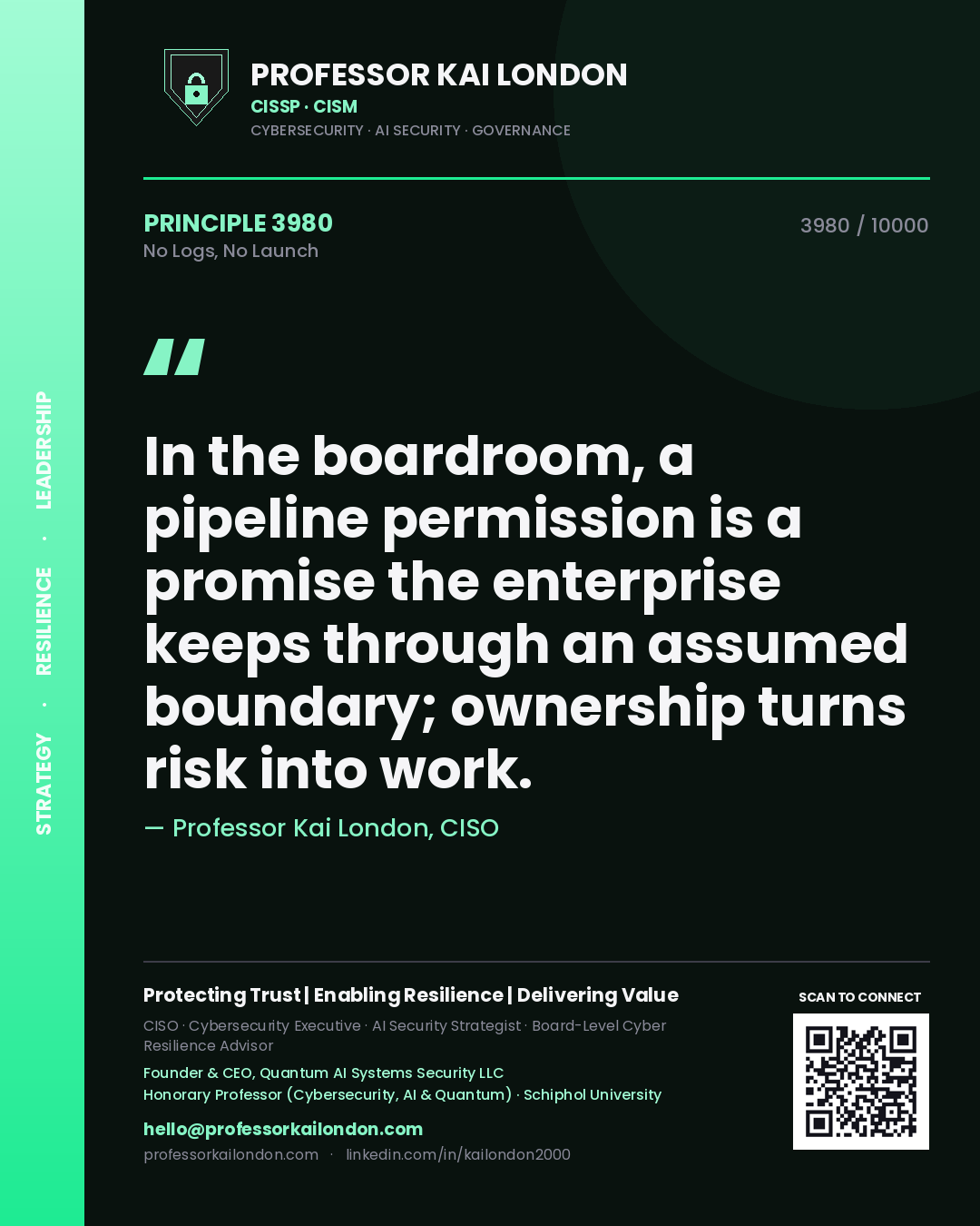 Quote card by Professor Kai London reading 'In the boardroom, a pipeline permission is a promise the enterprise keeps through an assumed boundary; ownership turns risk into work.'. From the book No Logs, No Launch.