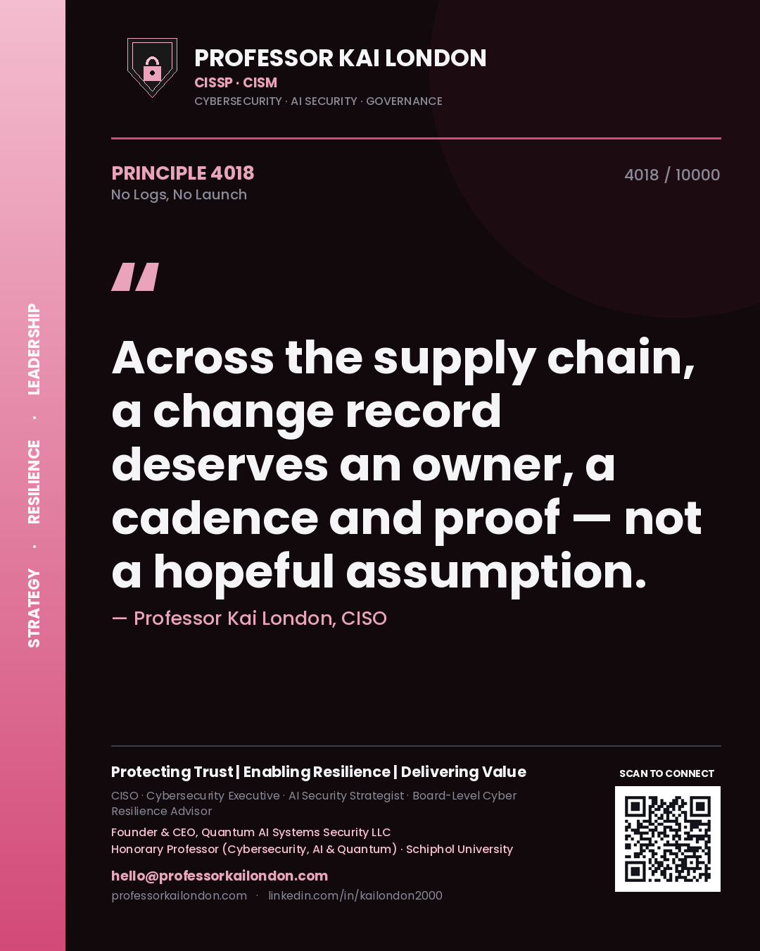 Quote card by Professor Kai London reading 'Across the supply chain, a change record deserves an owner, a cadence and proof — not a hopeful assumption.'. From the book No Logs, No Launch.