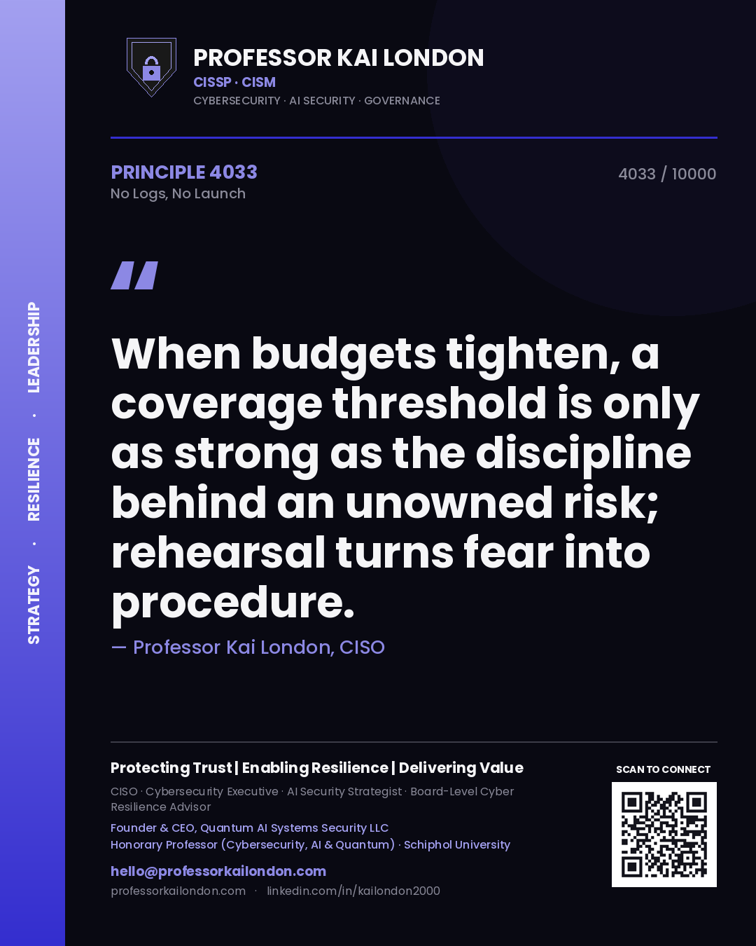 Professor Kai London principle 4033: When budgets tighten, a coverage threshold is only as strong as the discipline behind an unowned risk; rehearsal turns fear into procedure.