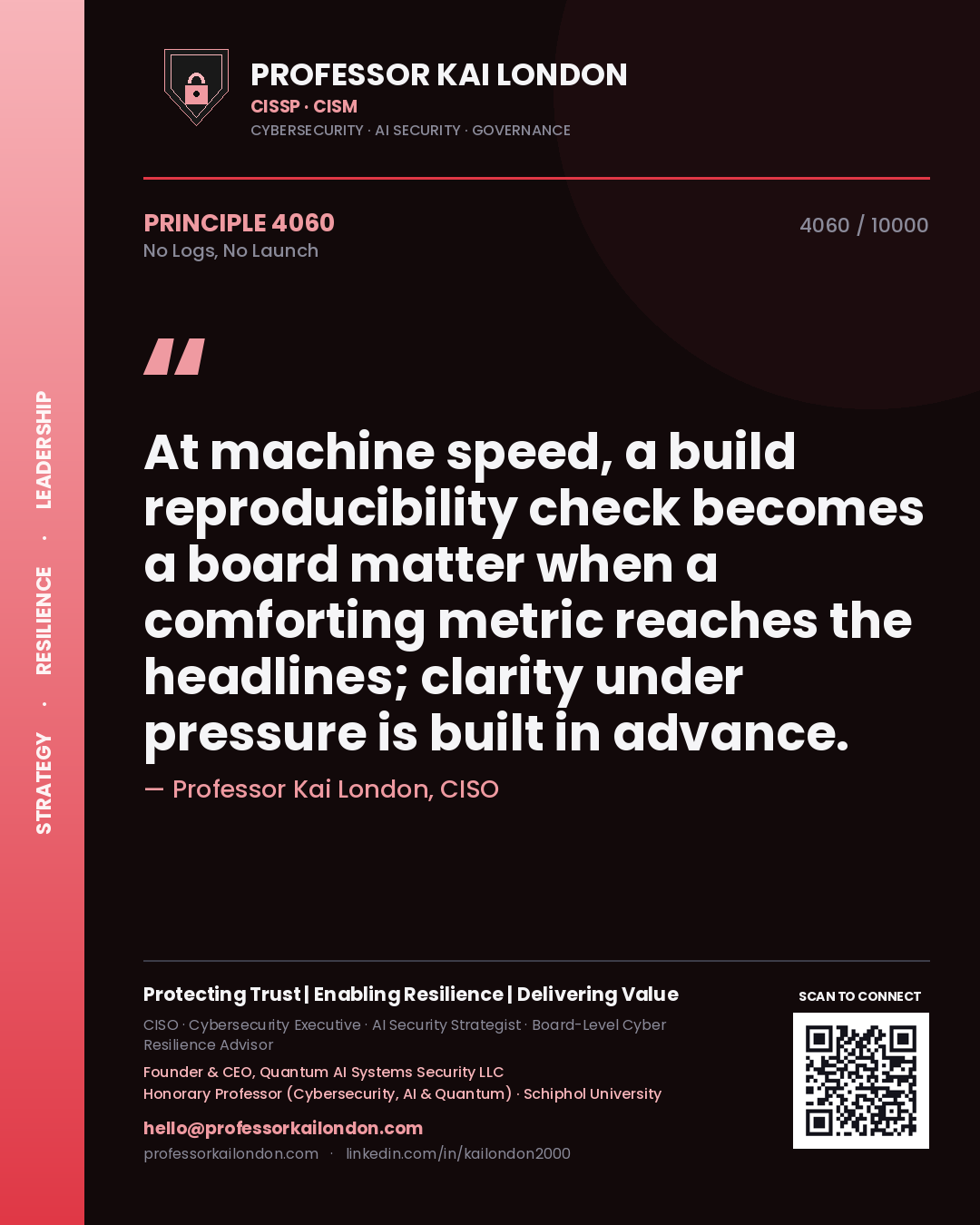 Quote card by Professor Kai London reading 'At machine speed, a build reproducibility check becomes a board matter when a comforting metric reaches the headlines; clarity under pressure is built in advance.'. From the book No Logs, No Launch.
