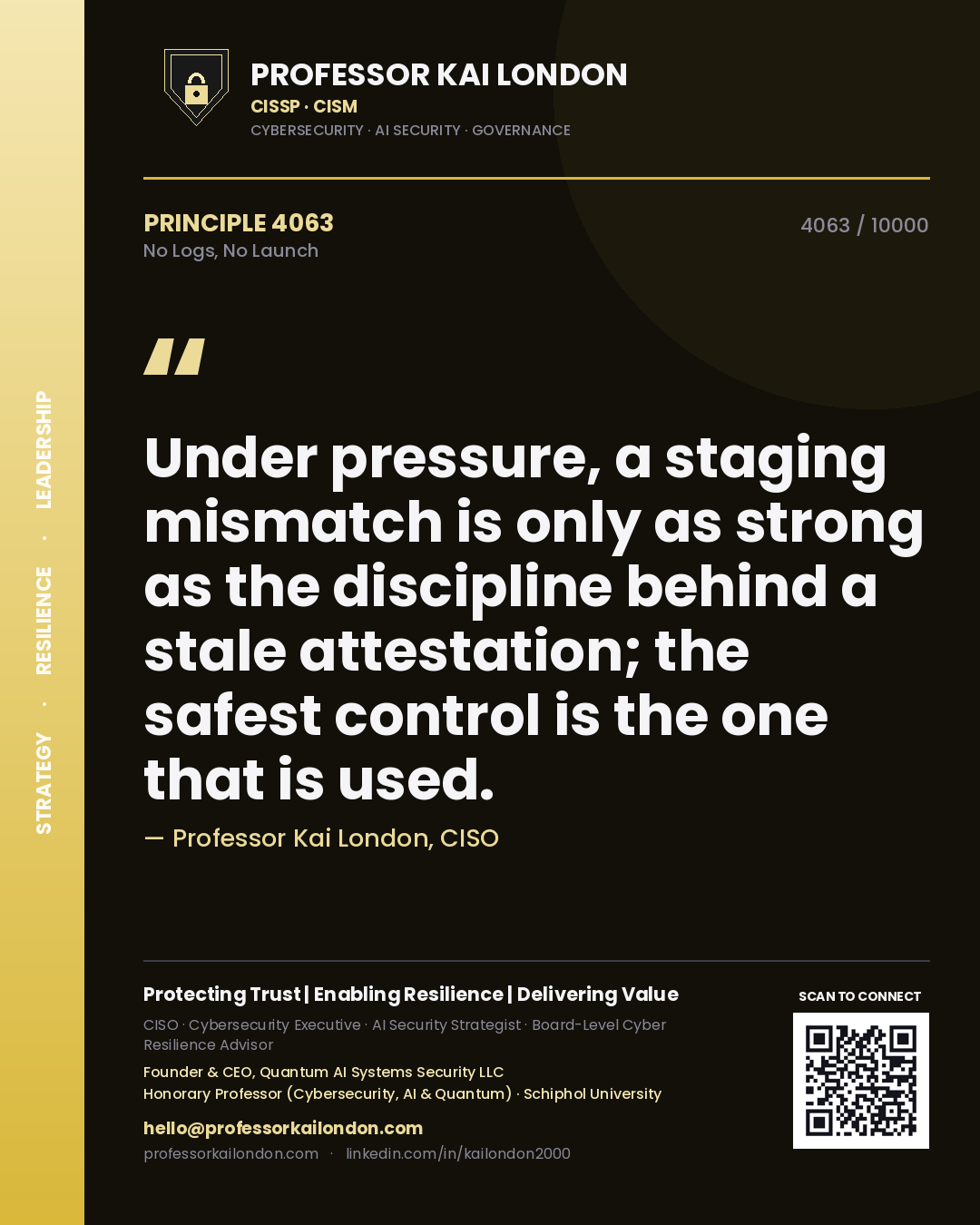 Professor Kai London principle 4063: Under pressure, a staging mismatch is only as strong as the discipline behind a stale attestation; the safest control is the one that is used.
