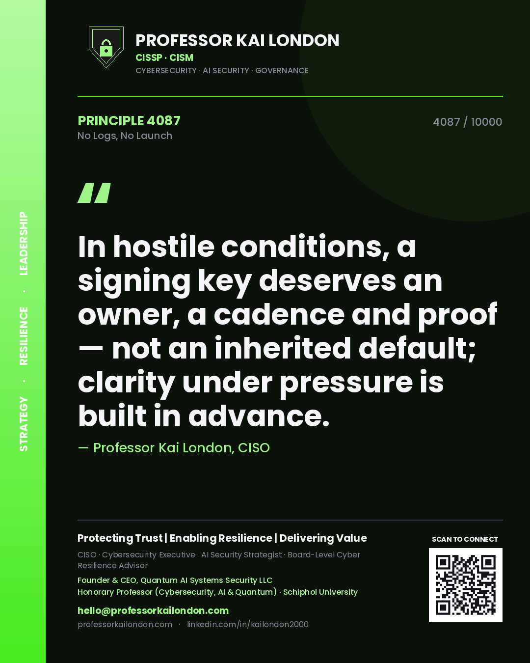 Professor Kai London principle 4087: In hostile conditions, a signing key deserves an owner, a cadence and proof — not an inherited default; clarity under pressure is built in advance.