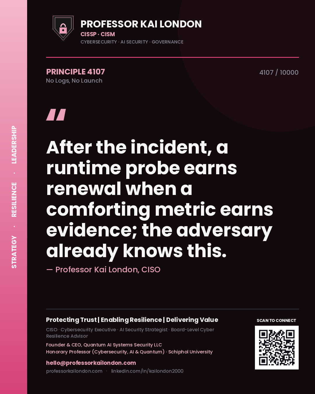 Quote card by Professor Kai London reading 'After the incident, a runtime probe earns renewal when a comforting metric earns evidence; the adversary already knows this.'. From the book No Logs, No Launch.