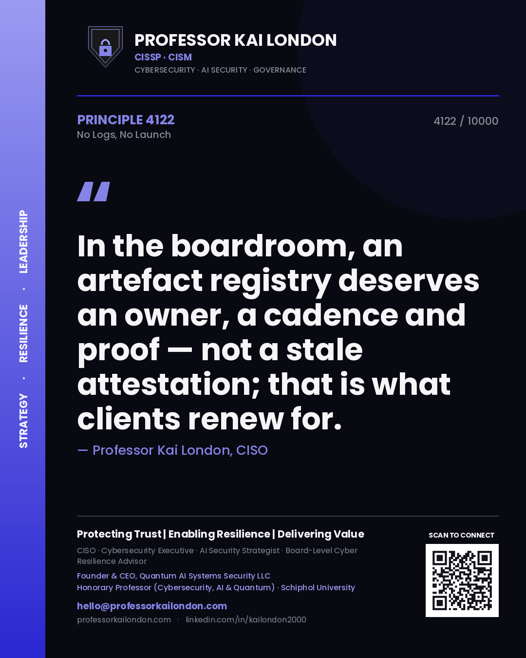 Professor Kai London principle 4122: In the boardroom, an artefact registry deserves an owner, a cadence and proof — not a stale attestation; that is what clients renew for.