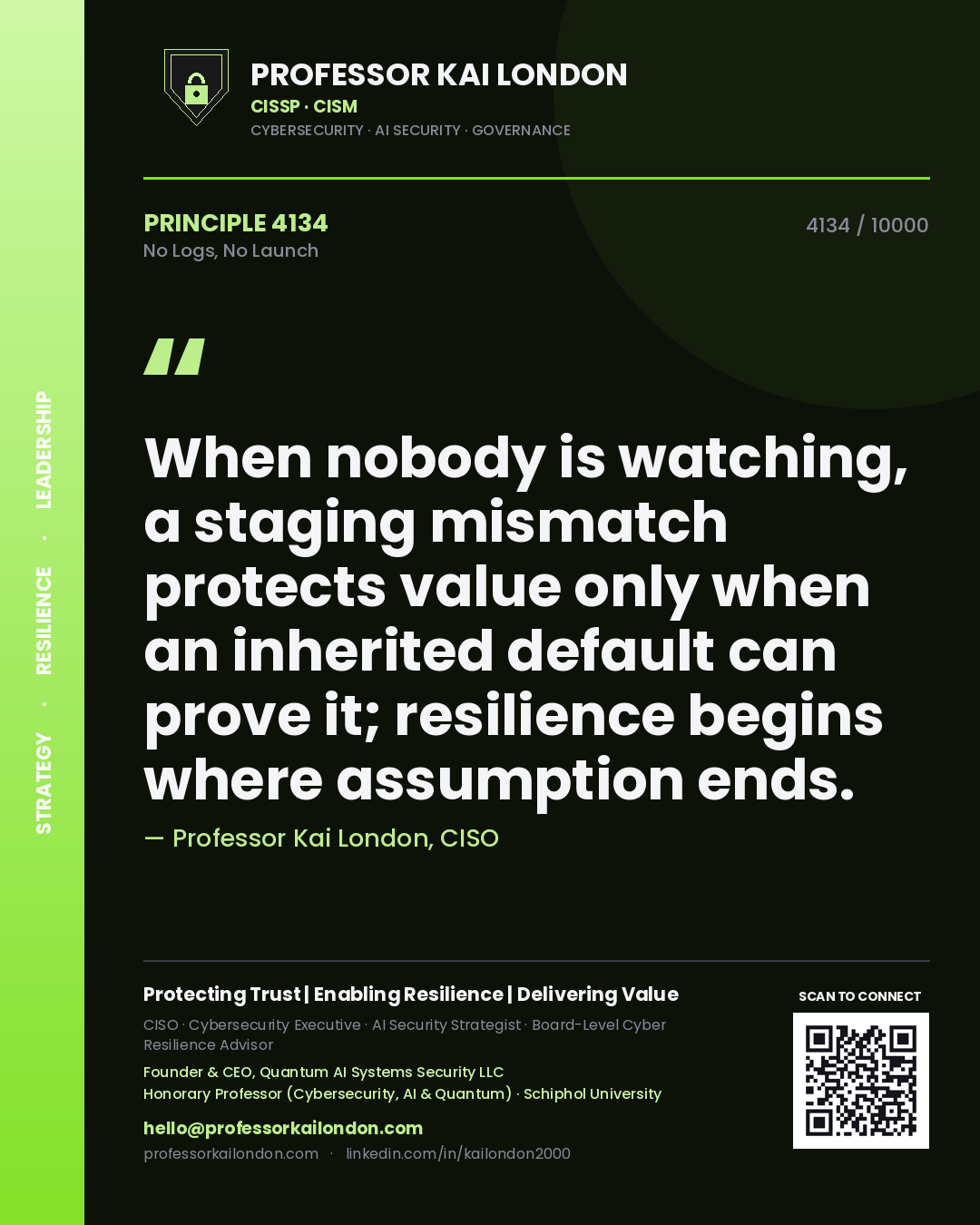 Professor Kai London principle 4134: When nobody is watching, a staging mismatch protects value only when an inherited default can prove it; resilience begins where assumption ends.