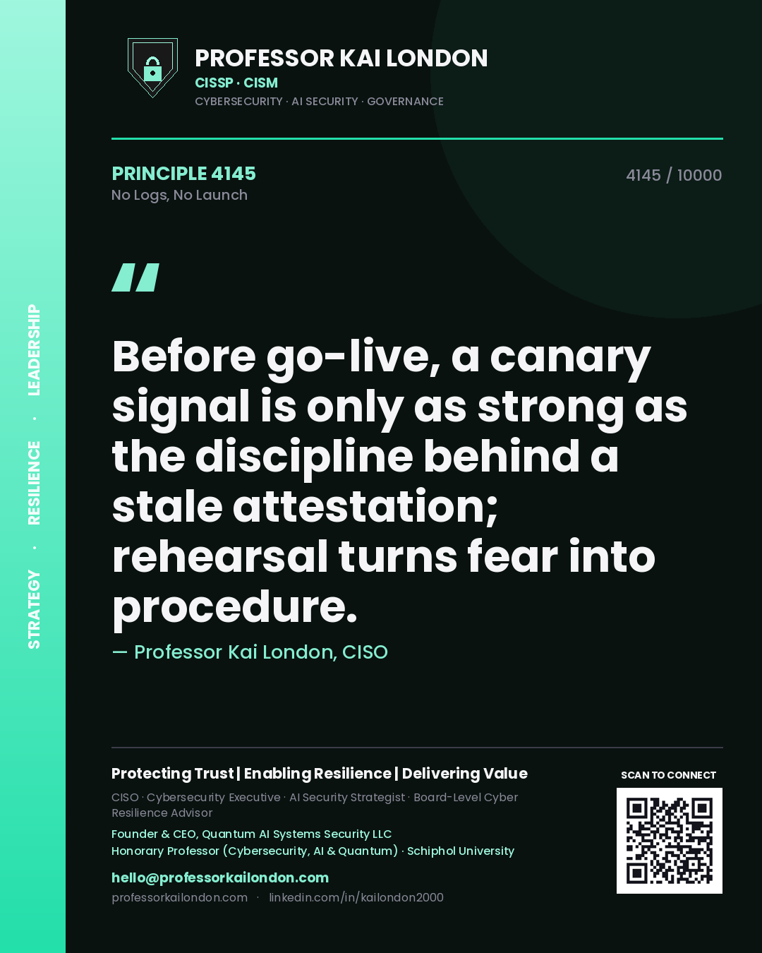 Professor Kai London principle 4145: Before go-live, a canary signal is only as strong as the discipline behind a stale attestation; rehearsal turns fear into procedure.