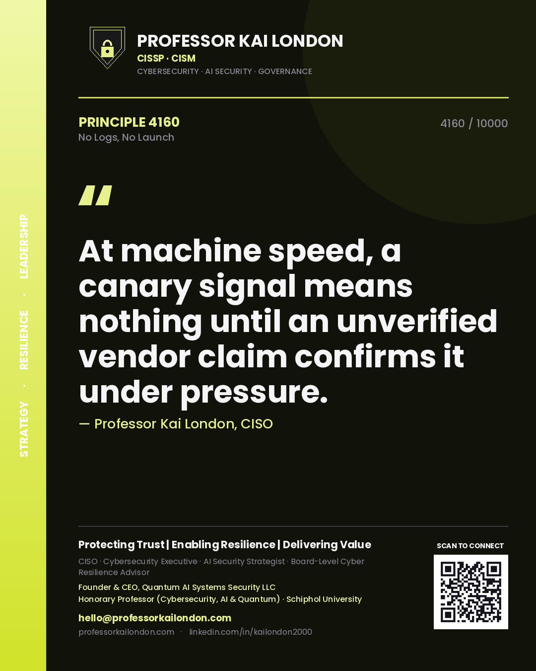 Professor Kai London principle 4160: At machine speed, a canary signal means nothing until an unverified vendor claim confirms it under pressure.