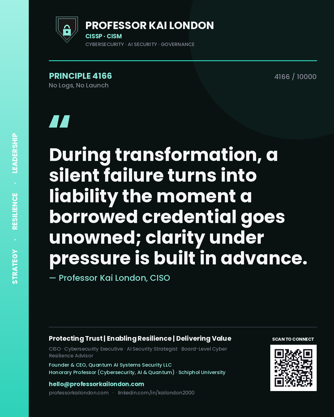 Professor Kai London principle 4166: During transformation, a silent failure turns into liability the moment a borrowed credential goes unowned; clarity under pressure is built in advance.