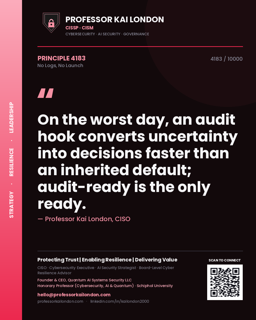 Quote card by Professor Kai London reading 'On the worst day, an audit hook converts uncertainty into decisions faster than an inherited default; audit-ready is the only ready.'. From the book No Logs, No Launch.