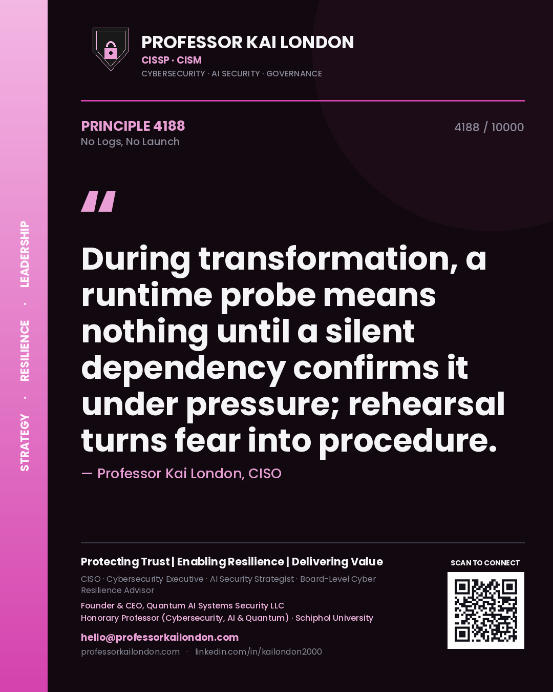 Professor Kai London principle 4188: During transformation, a runtime probe means nothing until a silent dependency confirms it under pressure; rehearsal turns fear into procedure.