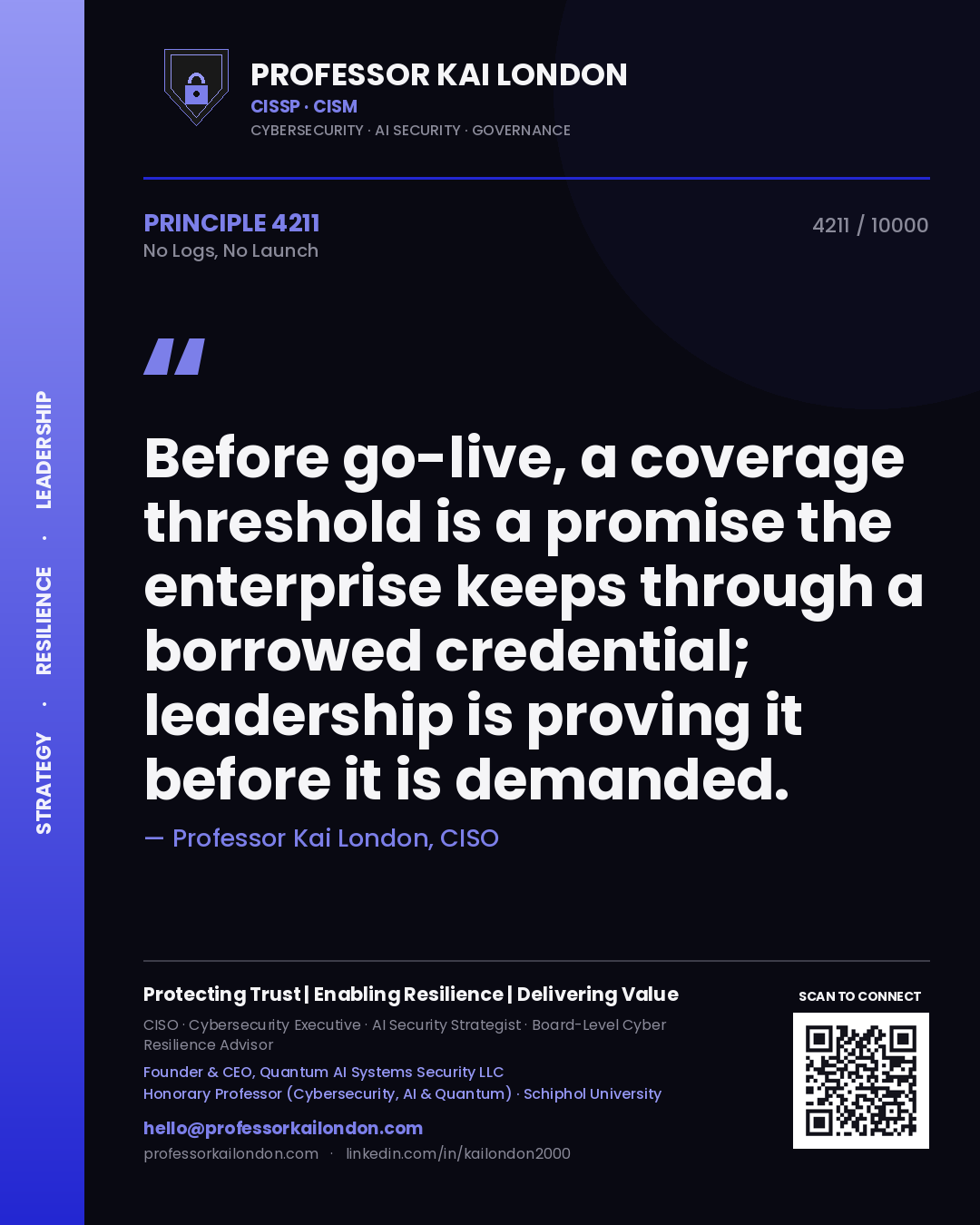 Quote card by Professor Kai London reading 'Before go-live, a coverage threshold is a promise the enterprise keeps through a borrowed credential; leadership is proving it before it is demanded.'. From the book No Logs, No Launch.