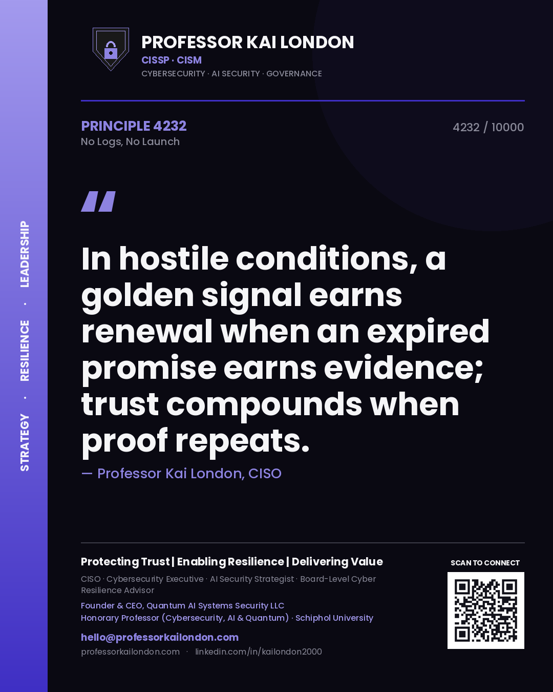 Professor Kai London principle 4232: In hostile conditions, a golden signal earns renewal when an expired promise earns evidence; trust compounds when proof repeats.