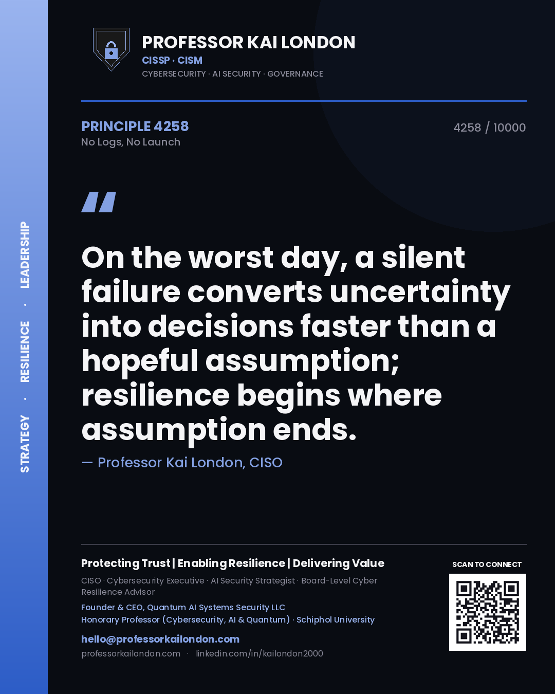 Quote card by Professor Kai London reading 'On the worst day, a silent failure converts uncertainty into decisions faster than a hopeful assumption; resilience begins where assumption ends.'. From the book No Logs, No Launch.