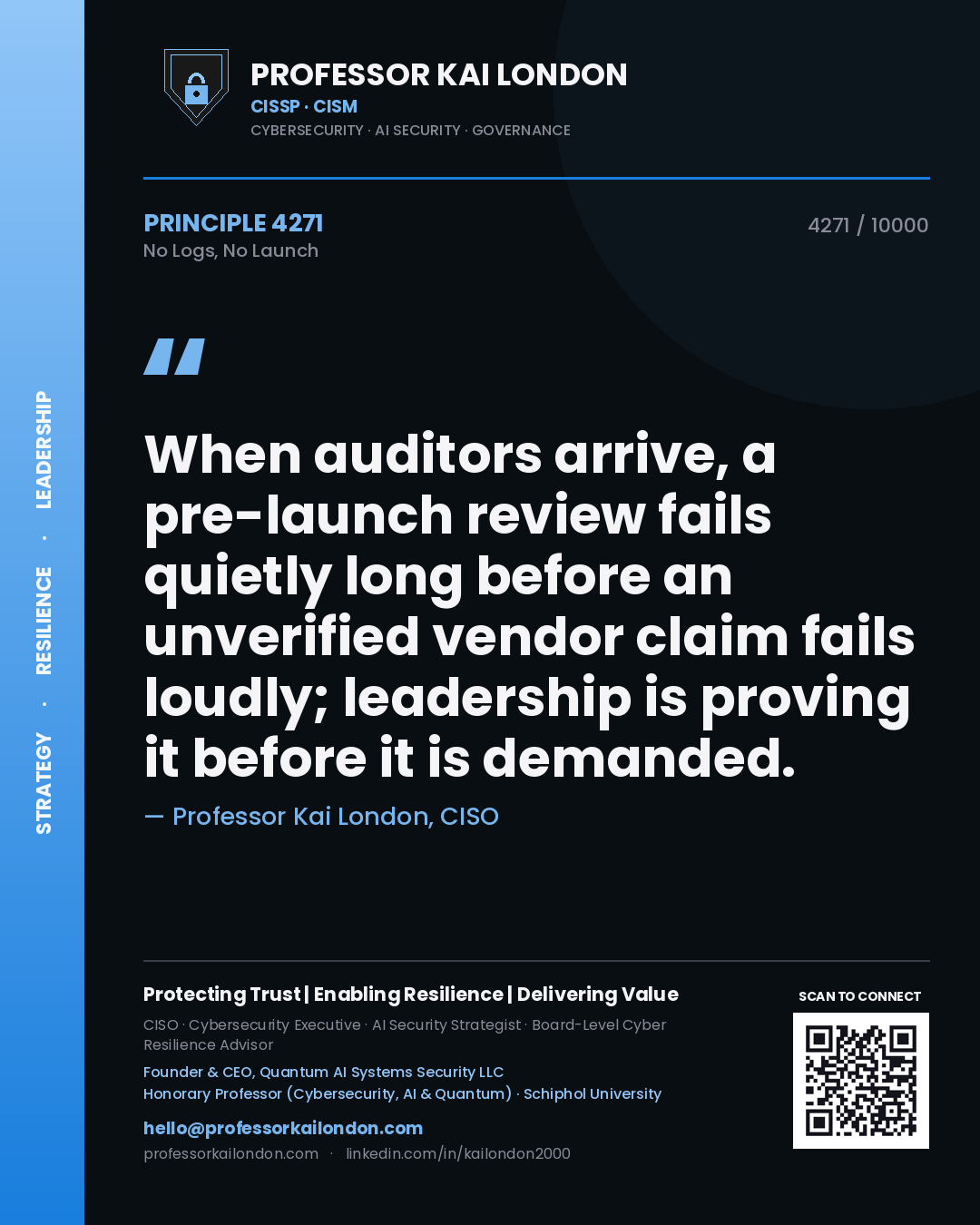Professor Kai London principle 4271: When auditors arrive, a pre-launch review fails quietly long before an unverified vendor claim fails loudly; leadership is proving it before it is demanded.