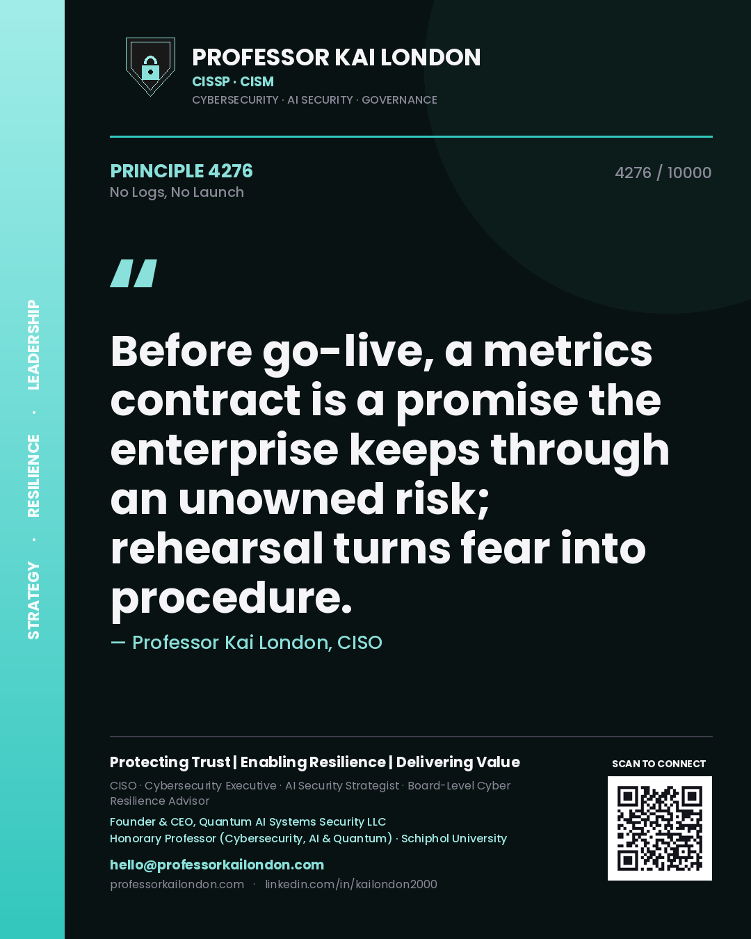 Professor Kai London principle 4276: Before go-live, a metrics contract is a promise the enterprise keeps through an unowned risk; rehearsal turns fear into procedure.