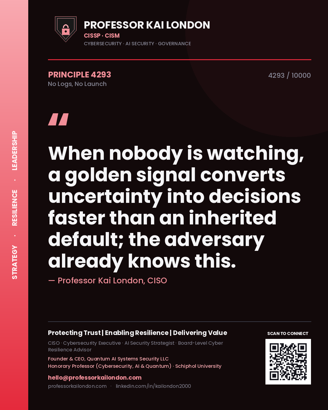 Quote card by Professor Kai London reading 'When nobody is watching, a golden signal converts uncertainty into decisions faster than an inherited default; the adversary already knows this.'. From the book No Logs, No Launch.