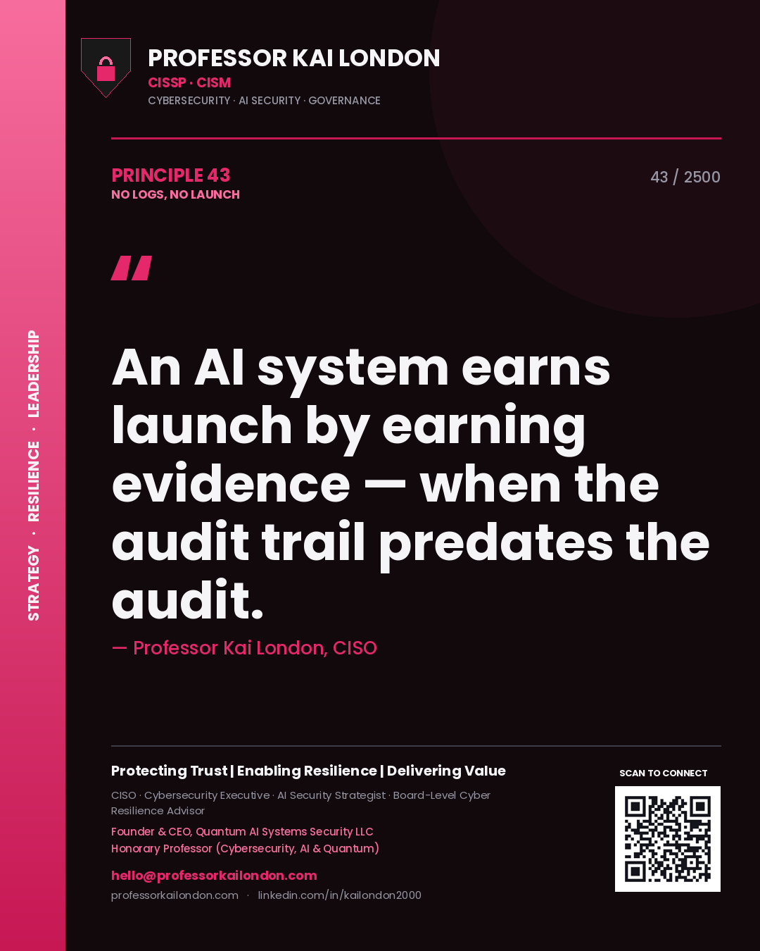 Professor Kai London principle 43: An AI system earns launch by earning evidence — when the audit trail predates the audit.