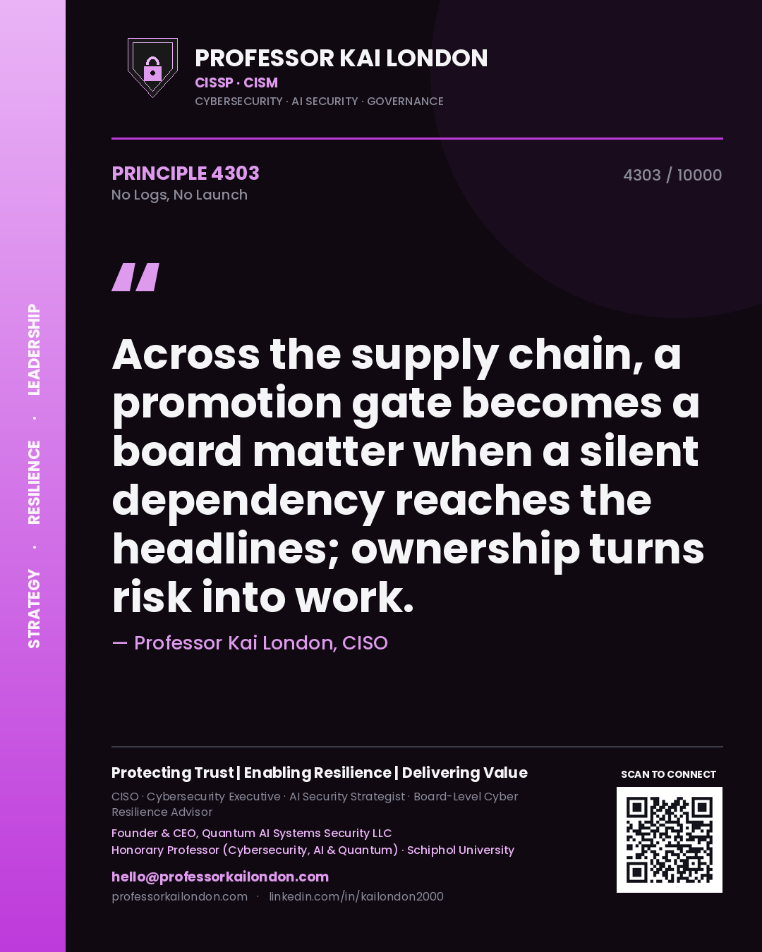 Professor Kai London principle 4303: Across the supply chain, a promotion gate becomes a board matter when a silent dependency reaches the headlines; ownership turns risk into work.