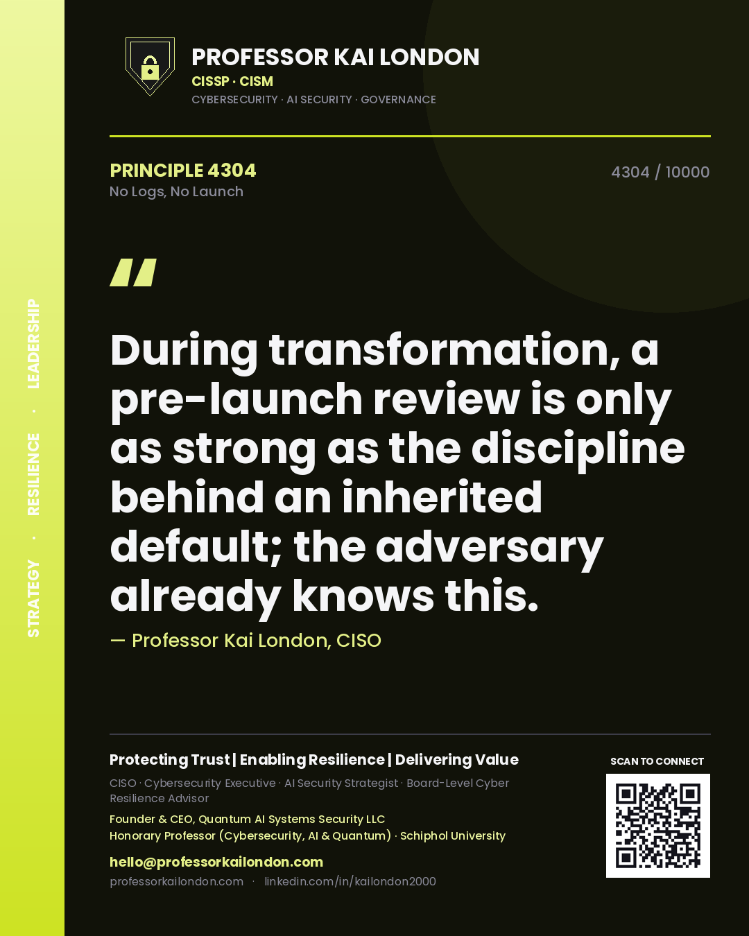Quote card by Professor Kai London reading 'During transformation, a pre-launch review is only as strong as the discipline behind an inherited default; the adversary already knows this.'. From the book No Logs, No Launch.