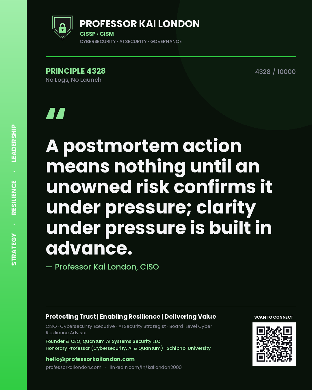Quote card by Professor Kai London reading 'A postmortem action means nothing until an unowned risk confirms it under pressure; clarity under pressure is built in advance.'. From the book No Logs, No Launch.