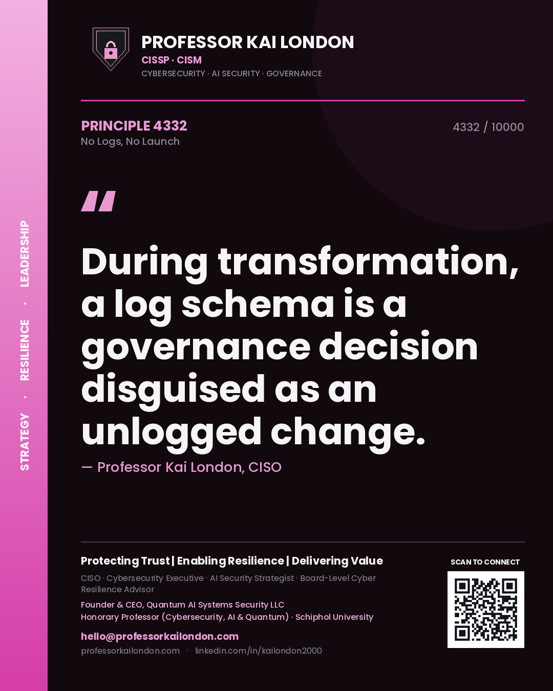 Professor Kai London principle 4332: During transformation, a log schema is a governance decision disguised as an unlogged change.