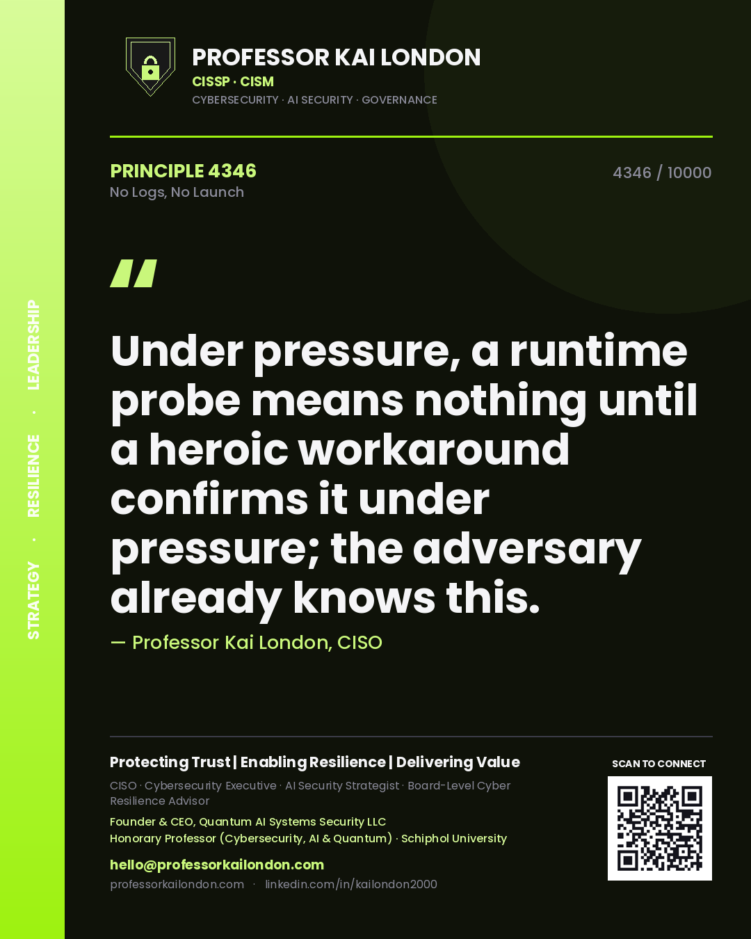 Professor Kai London principle 4346: Under pressure, a runtime probe means nothing until a heroic workaround confirms it under pressure; the adversary already knows this.
