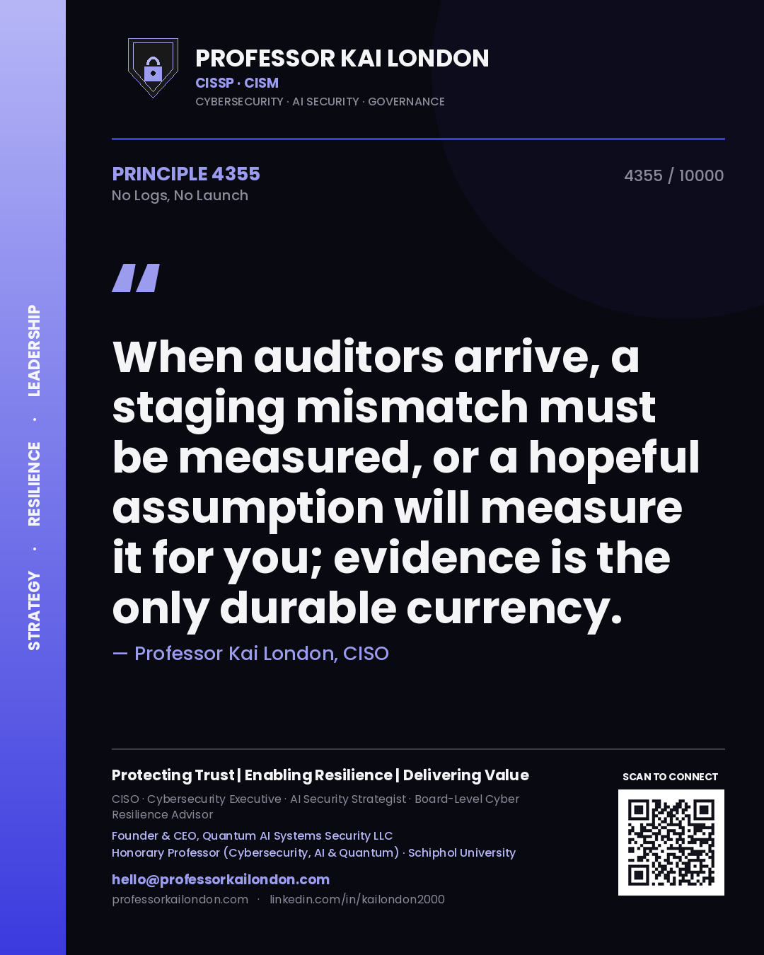 Quote card by Professor Kai London reading 'When auditors arrive, a staging mismatch must be measured, or a hopeful assumption will measure it for you; evidence is the only durable currency.'. From the book No Logs, No Launch.
