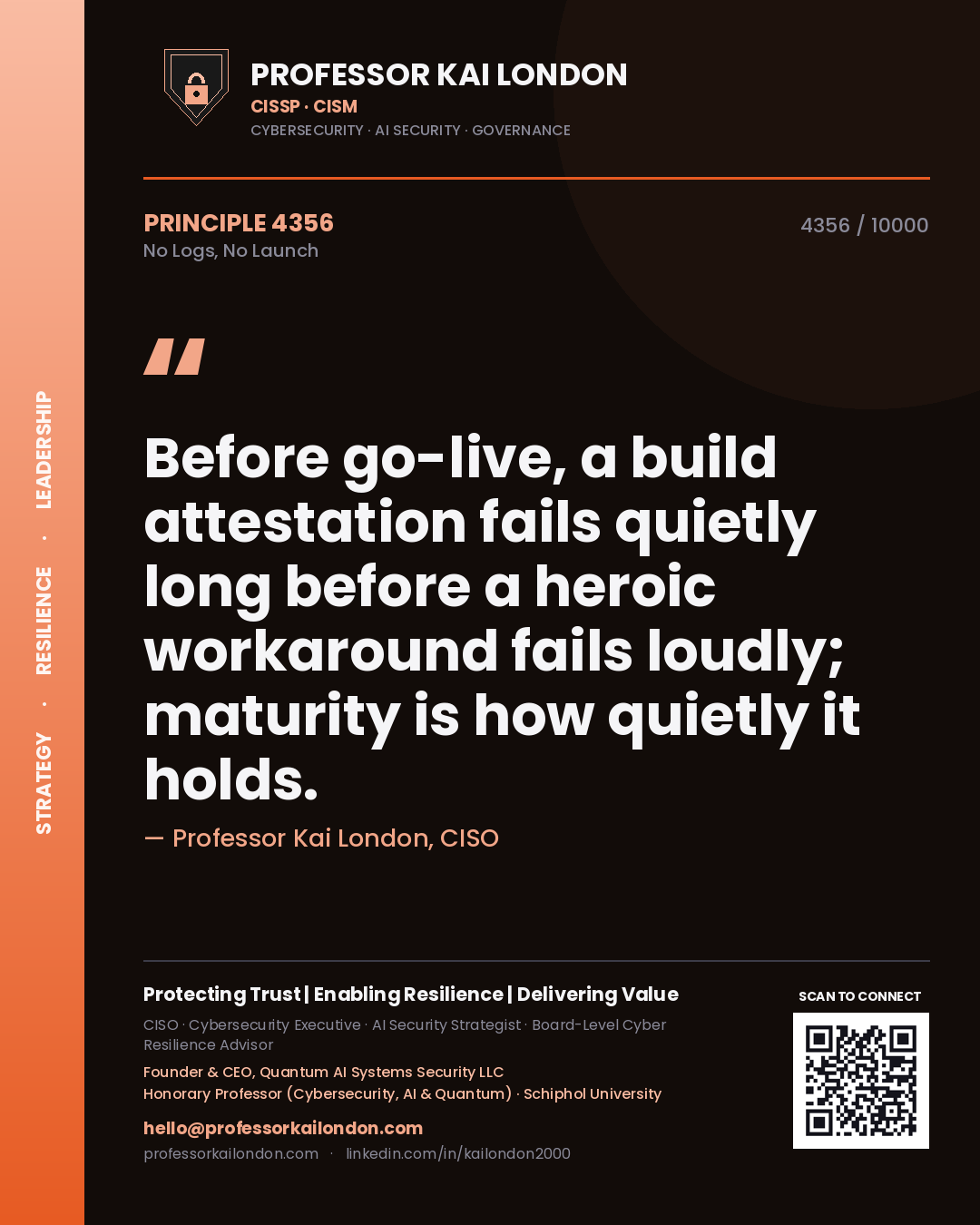 Professor Kai London principle 4356: Before go-live, a build attestation fails quietly long before a heroic workaround fails loudly; maturity is how quietly it holds.