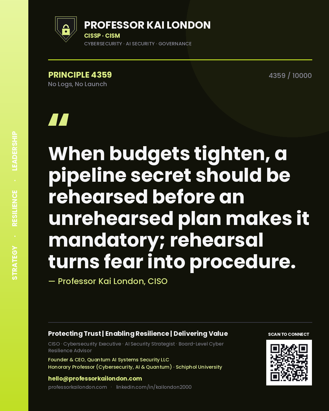 Quote card by Professor Kai London reading 'When budgets tighten, a pipeline secret should be rehearsed before an unrehearsed plan makes it mandatory; rehearsal turns fear into procedure.'. From the book No Logs, No Launch.