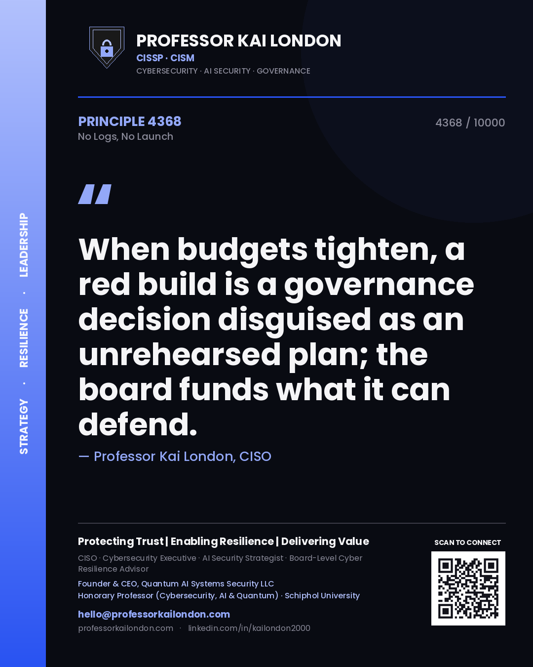 Professor Kai London principle 4368: When budgets tighten, a red build is a governance decision disguised as an unrehearsed plan; the board funds what it can defend.