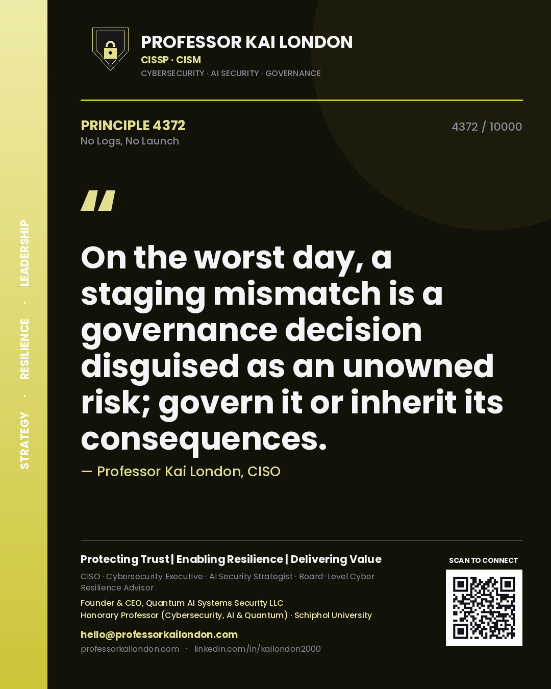 Quote card by Professor Kai London reading 'On the worst day, a staging mismatch is a governance decision disguised as an unowned risk; govern it or inherit its consequences.'. From the book No Logs, No Launch.