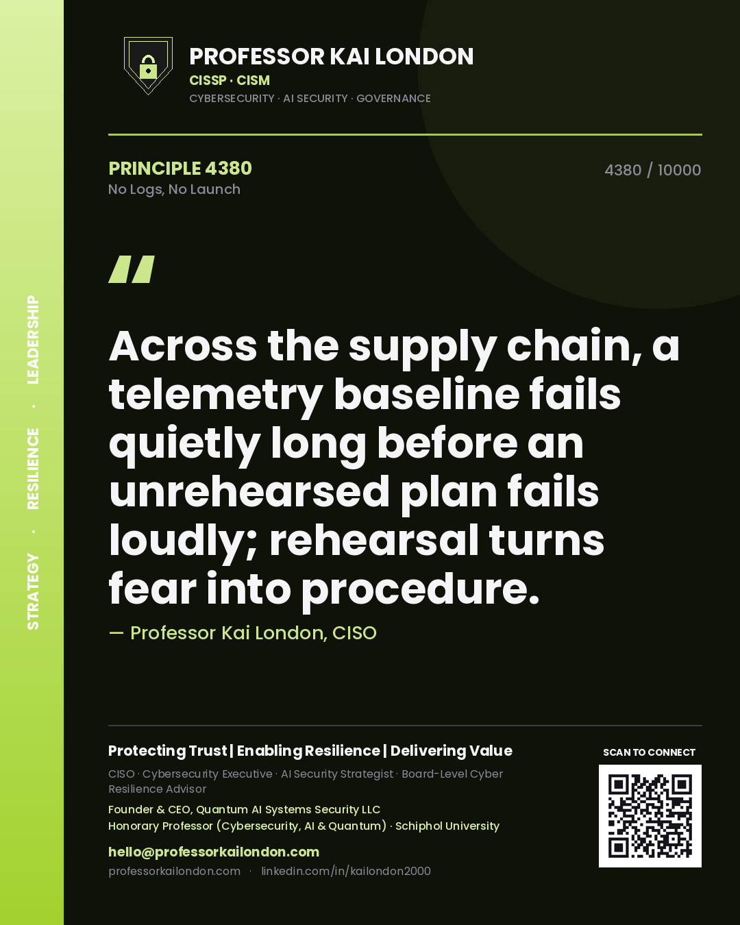 Professor Kai London principle 4380: Across the supply chain, a telemetry baseline fails quietly long before an unrehearsed plan fails loudly; rehearsal turns fear into procedure.