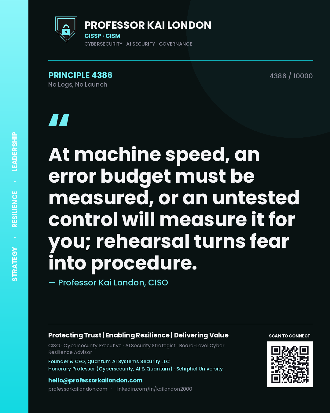 Professor Kai London principle 4386: At machine speed, an error budget must be measured, or an untested control will measure it for you; rehearsal turns fear into procedure.