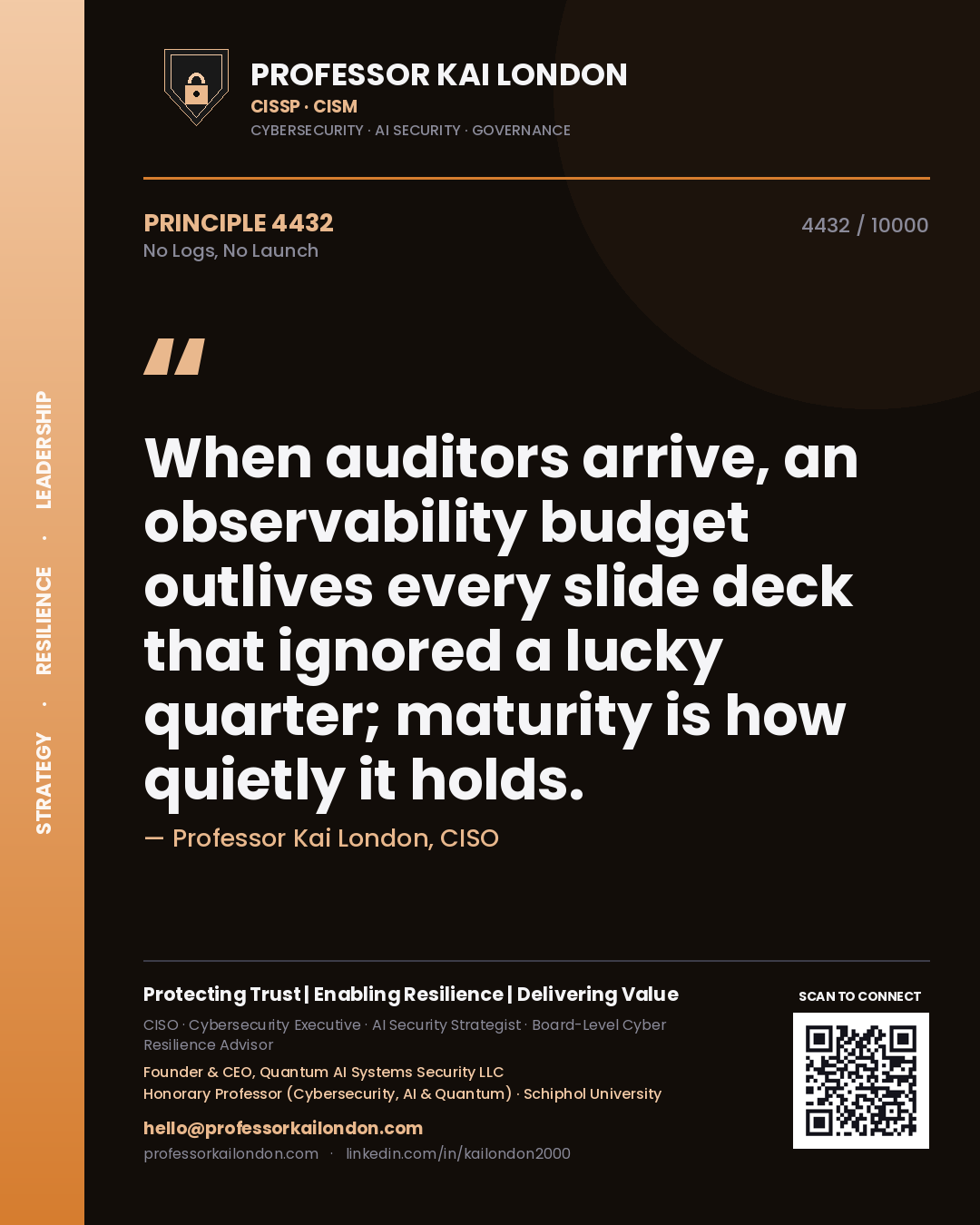 Professor Kai London principle 4432: When auditors arrive, an observability budget outlives every slide deck that ignored a lucky quarter; maturity is how quietly it holds.