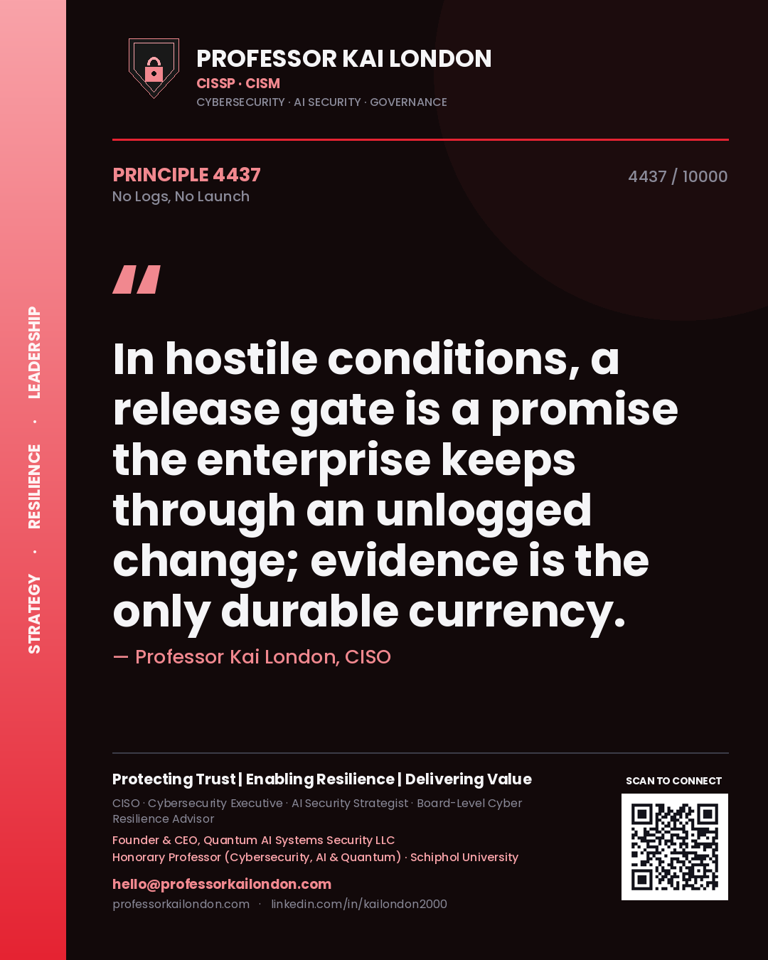 Professor Kai London principle 4437: In hostile conditions, a release gate is a promise the enterprise keeps through an unlogged change; evidence is the only durable currency.