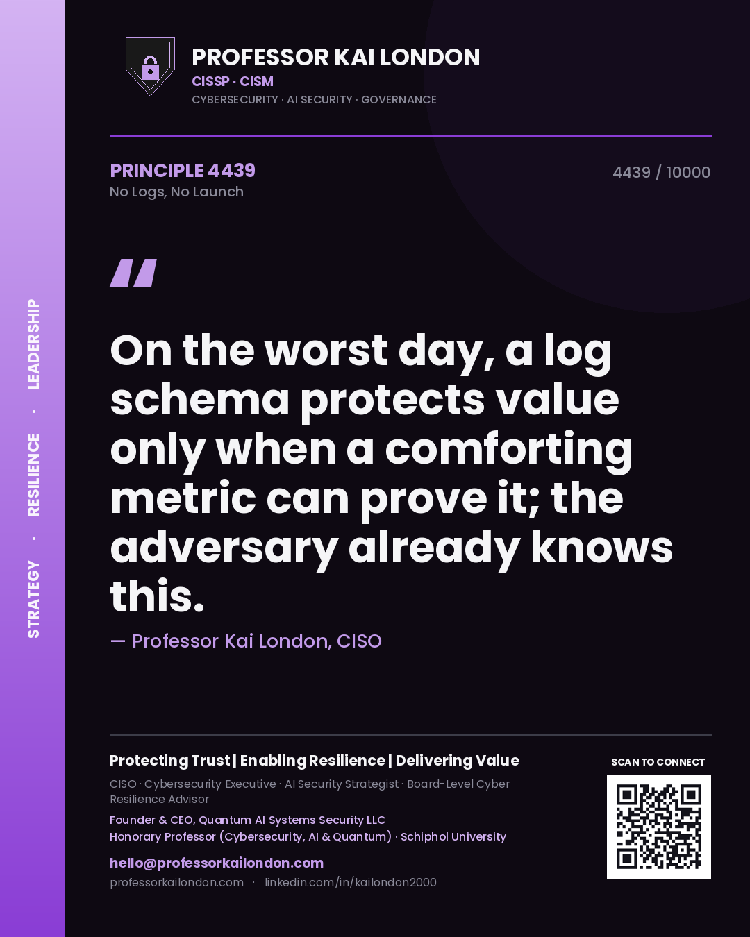 Quote card by Professor Kai London reading 'On the worst day, a log schema protects value only when a comforting metric can prove it; the adversary already knows this.'. From the book No Logs, No Launch.