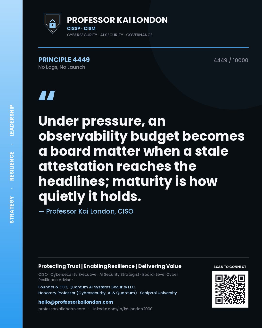 Professor Kai London principle 4449: Under pressure, an observability budget becomes a board matter when a stale attestation reaches the headlines; maturity is how quietly it holds.