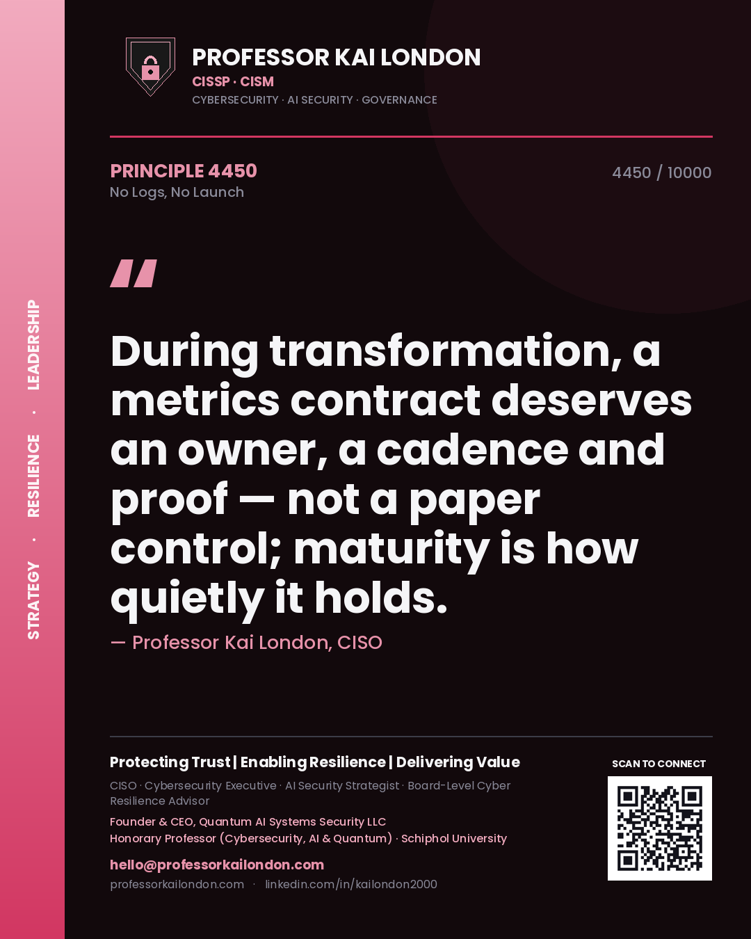 Quote card by Professor Kai London reading 'During transformation, a metrics contract deserves an owner, a cadence and proof — not a paper control; maturity is how quietly it holds.'. From the book No Logs, No Launch.