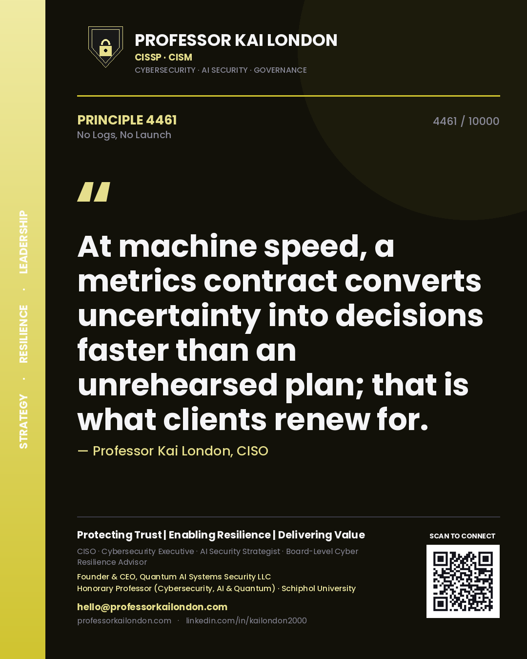 Professor Kai London principle 4461: At machine speed, a metrics contract converts uncertainty into decisions faster than an unrehearsed plan; that is what clients renew for.