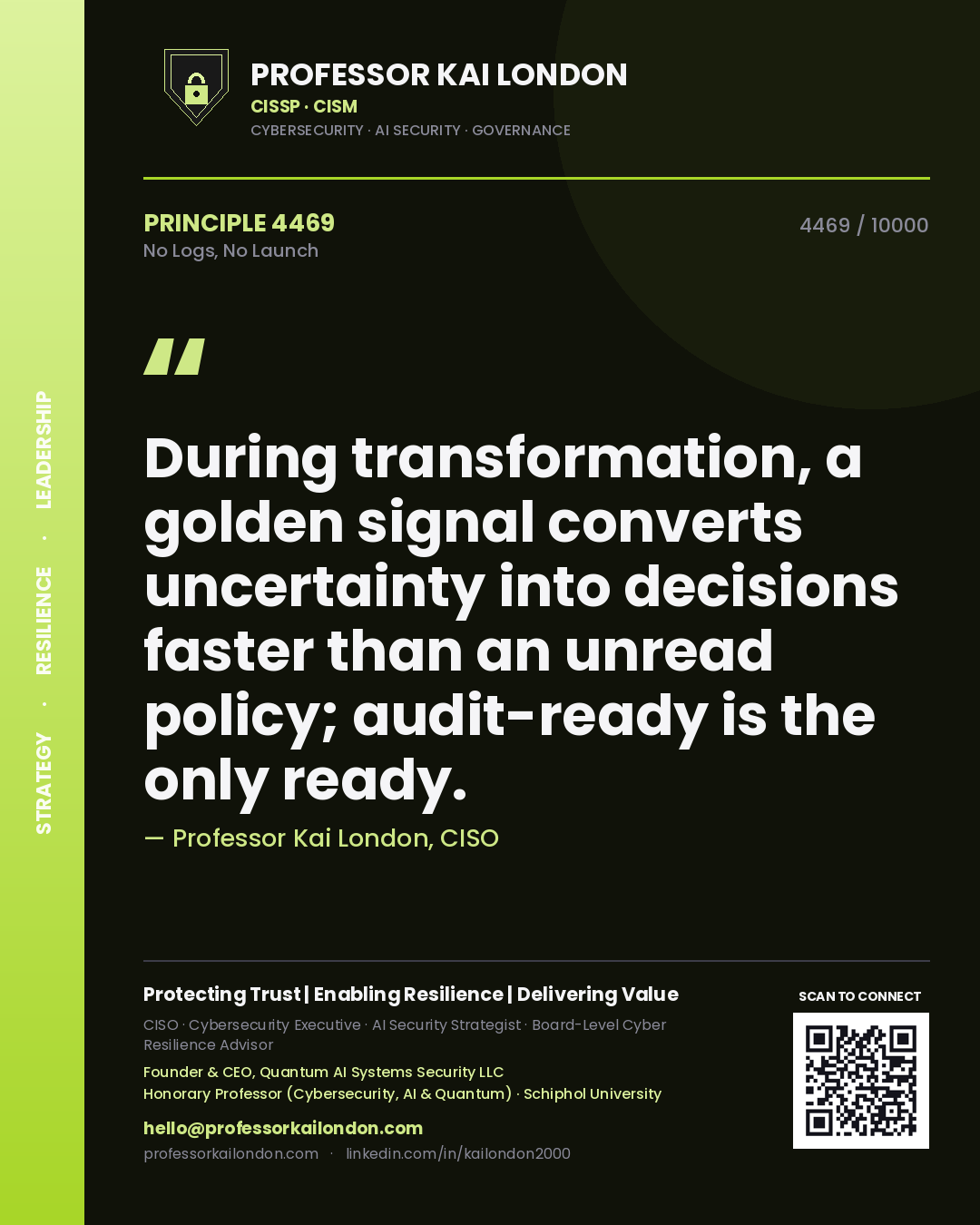 Professor Kai London principle 4469: During transformation, a golden signal converts uncertainty into decisions faster than an unread policy; audit-ready is the only ready.