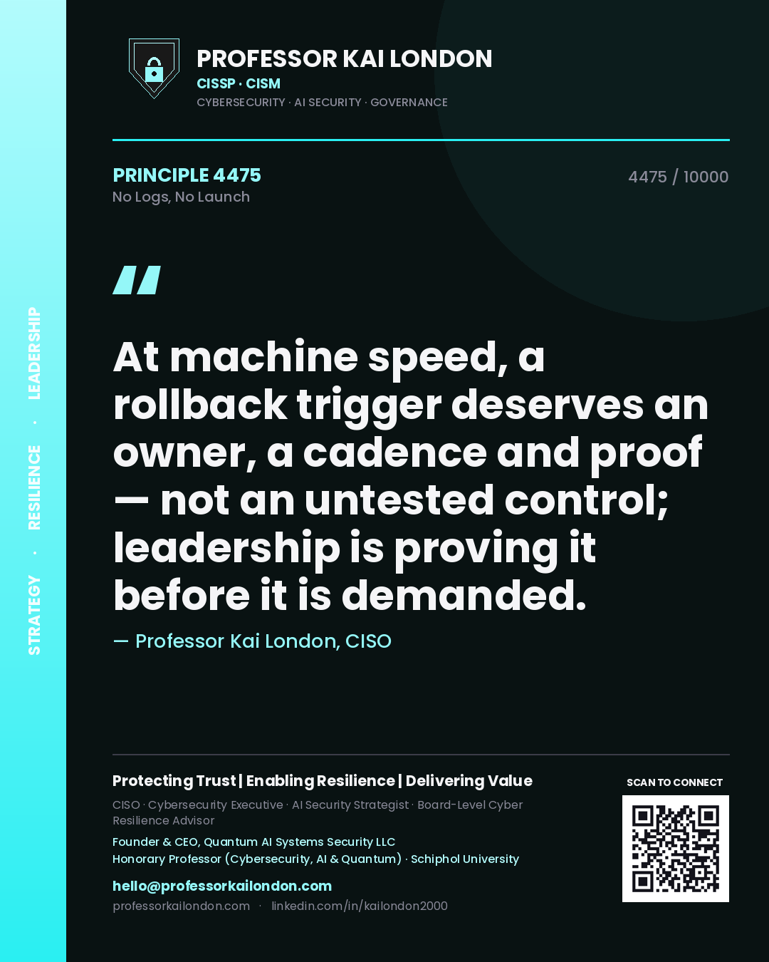 Quote card by Professor Kai London reading 'At machine speed, a rollback trigger deserves an owner, a cadence and proof — not an untested control; leadership is proving it before it is demanded.'. From the book No Logs, No Launch.
