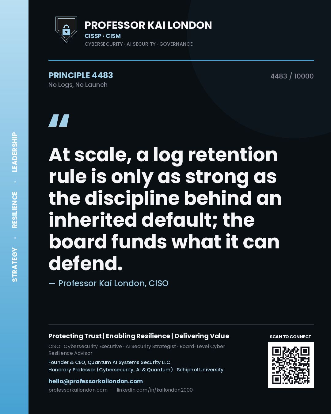 Professor Kai London principle 4483: At scale, a log retention rule is only as strong as the discipline behind an inherited default; the board funds what it can defend.