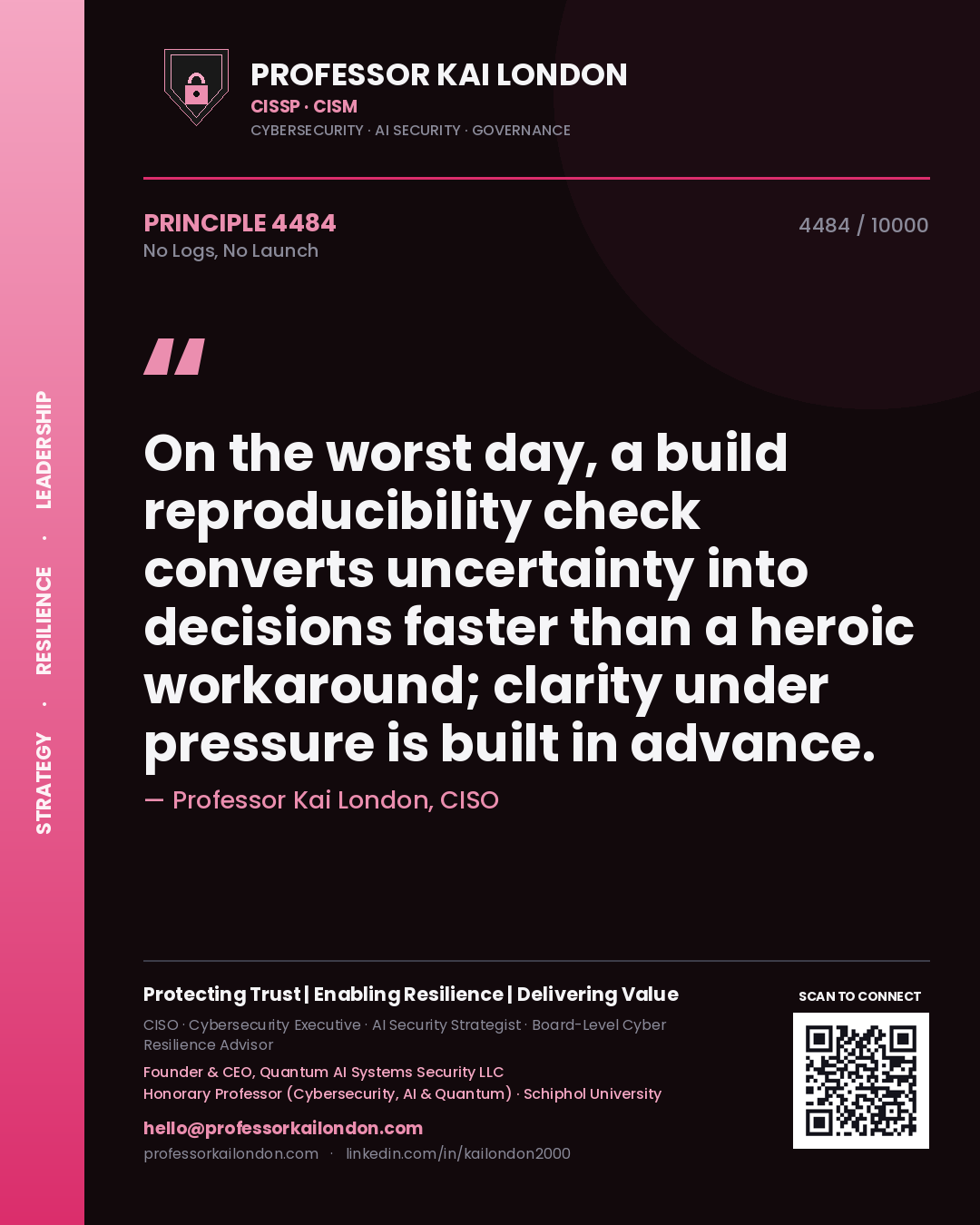Professor Kai London principle 4484: On the worst day, a build reproducibility check converts uncertainty into decisions faster than a heroic workaround; clarity under pressure is built in advance.