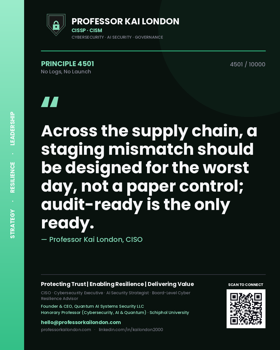Professor Kai London principle 4501: Across the supply chain, a staging mismatch should be designed for the worst day, not a paper control; audit-ready is the only ready.