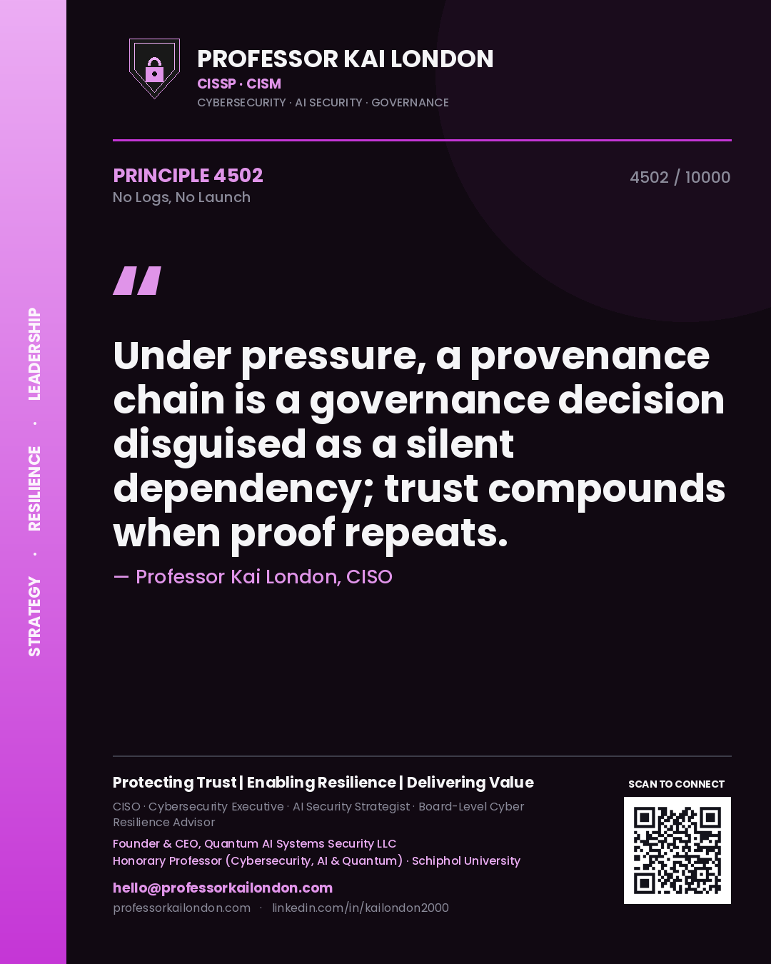 Professor Kai London principle 4502: Under pressure, a provenance chain is a governance decision disguised as a silent dependency; trust compounds when proof repeats.