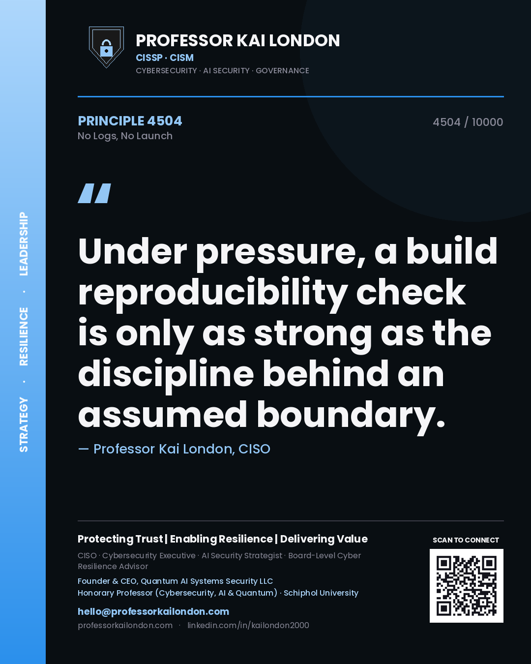 Quote card by Professor Kai London reading 'Under pressure, a build reproducibility check is only as strong as the discipline behind an assumed boundary.'. From the book No Logs, No Launch.