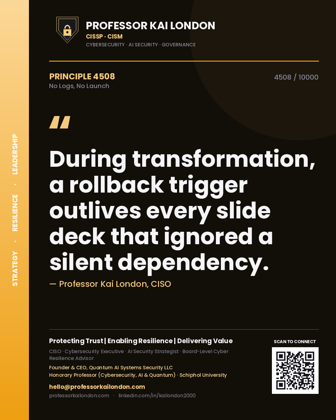 Professor Kai London principle 4508: During transformation, a rollback trigger outlives every slide deck that ignored a silent dependency.