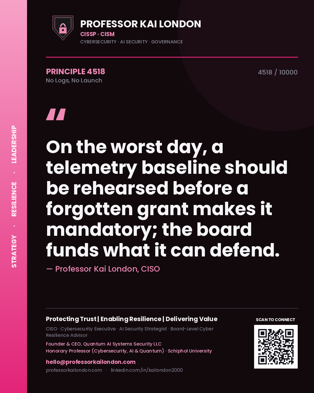 Professor Kai London principle 4518: On the worst day, a telemetry baseline should be rehearsed before a forgotten grant makes it mandatory; the board funds what it can defend.