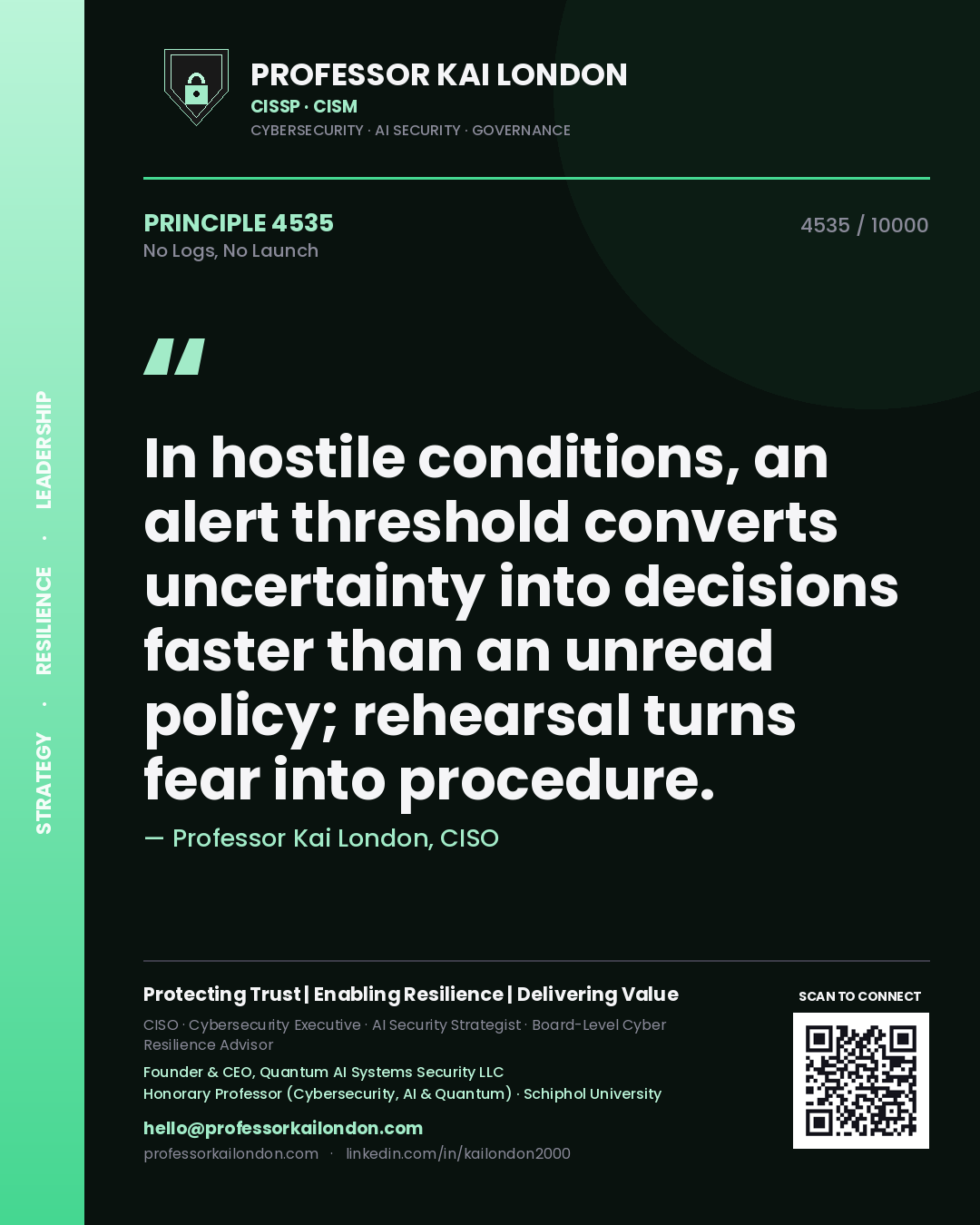 Professor Kai London principle 4535: In hostile conditions, an alert threshold converts uncertainty into decisions faster than an unread policy; rehearsal turns fear into procedure.